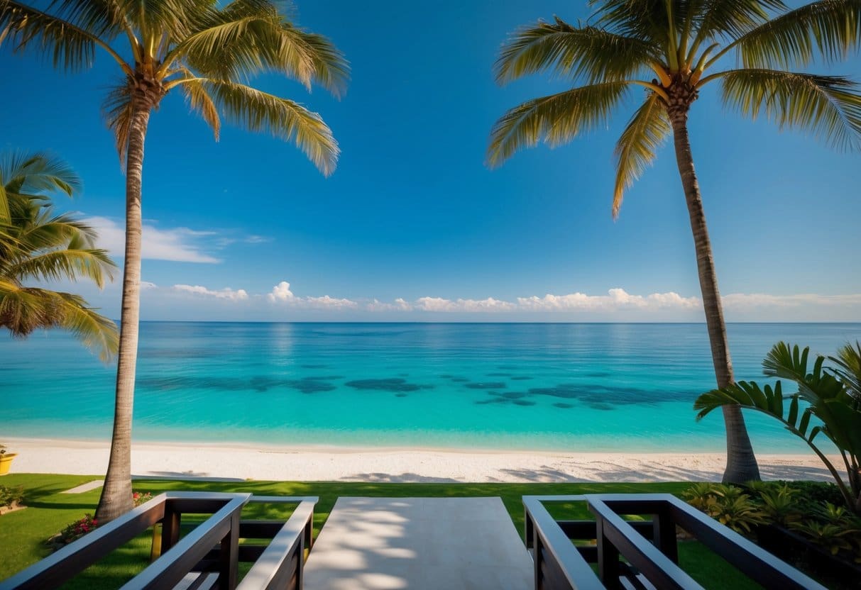 A sunny beachfront property in Cebu with palm trees, crystal clear waters, and a luxurious vacation rental home overlooking the ocean