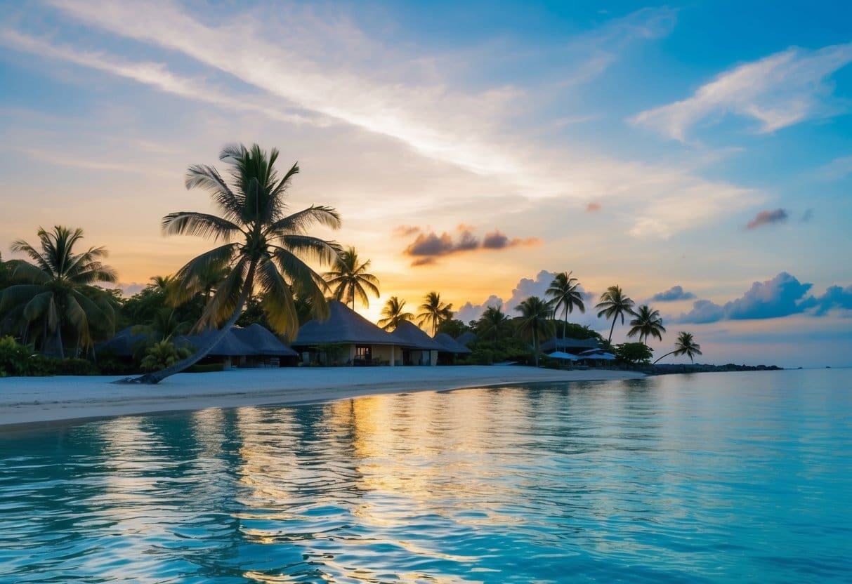 A beachfront vacation rental in Cebu with palm trees, clear blue waters, and a stunning sunset in the background