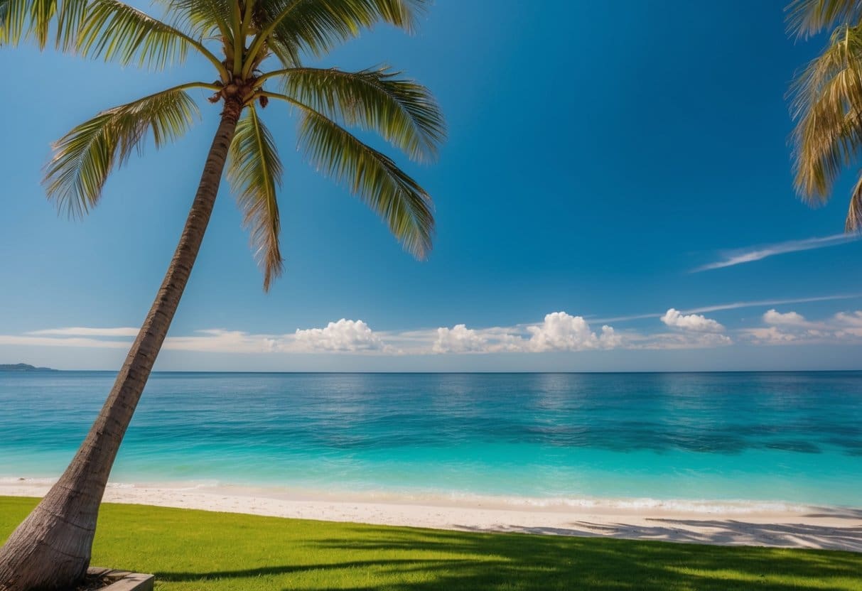 A sunny beachfront property in Cebu, with palm trees swaying in the breeze and crystal-clear waters lapping at the shore