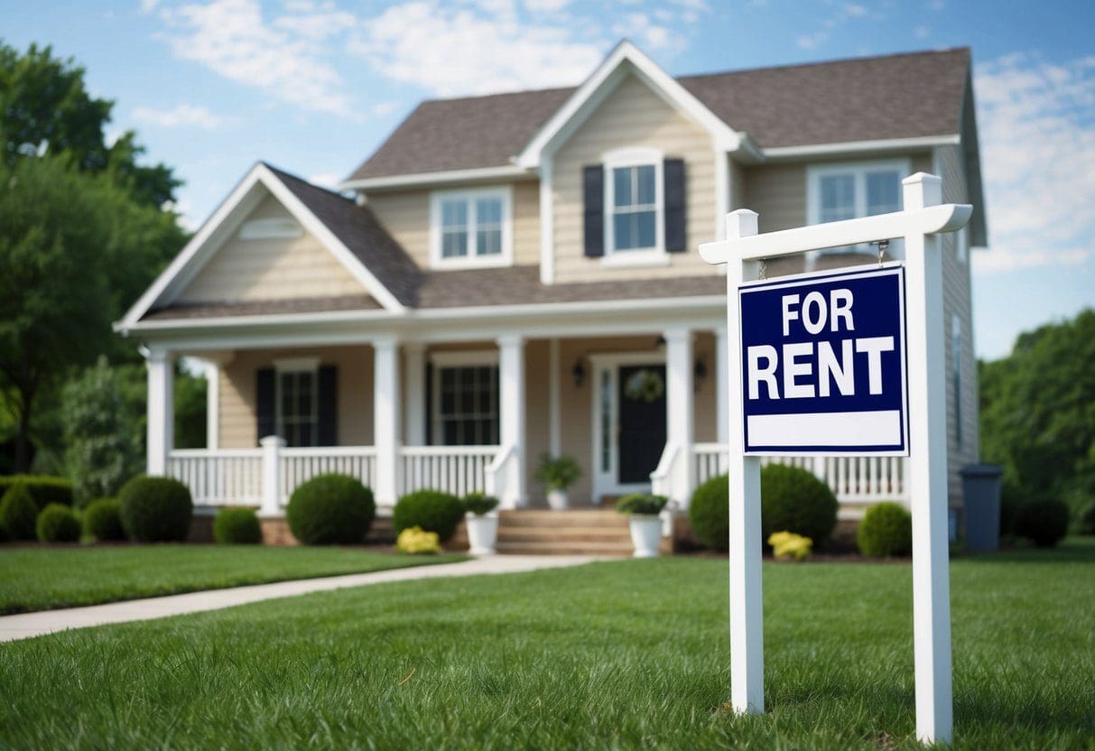 A cozy, well-maintained rental property with a "For Rent" sign out front. The exterior is inviting with a manicured lawn and a welcoming front porch