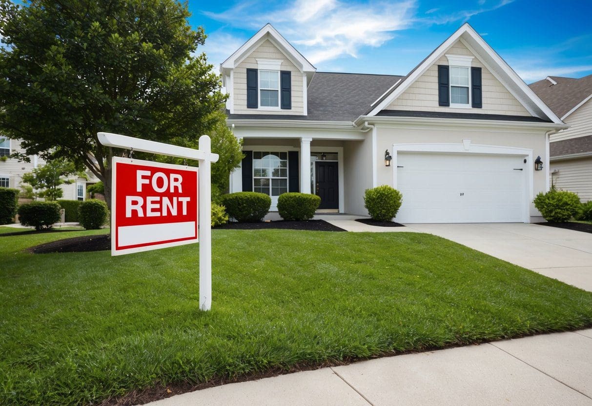 A well-maintained rental property with a welcoming front yard and a "For Rent" sign. The exterior is clean and inviting, with a well-kept lawn and a freshly painted exterior