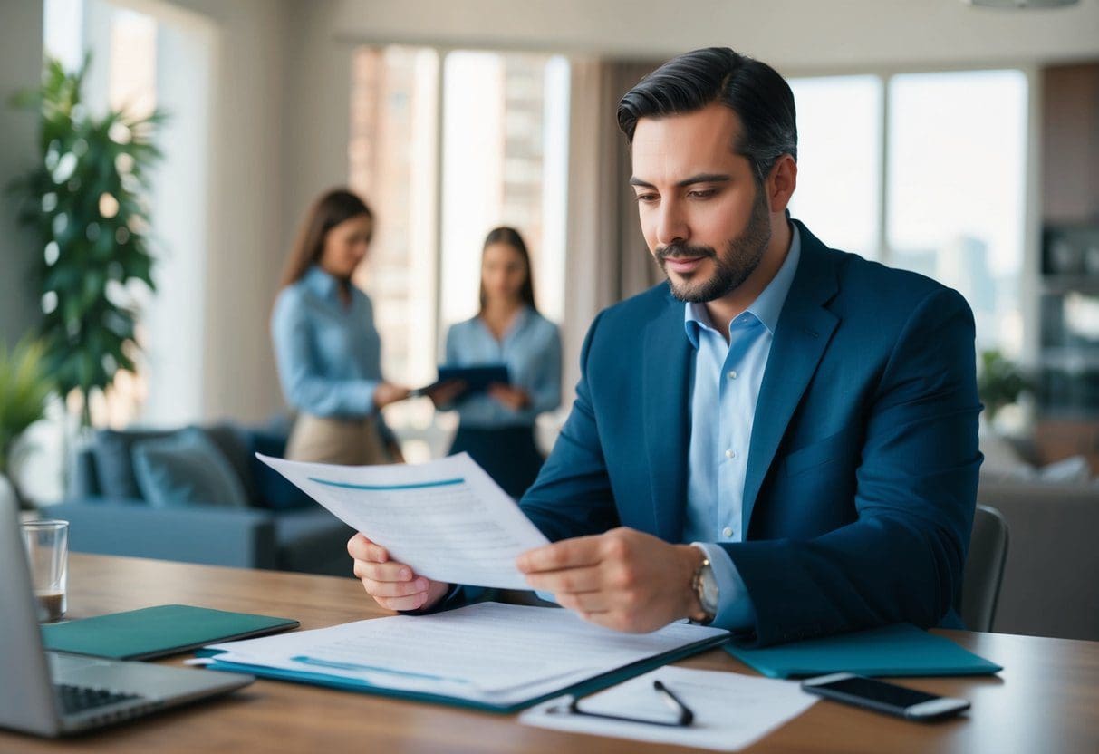 A landlord carefully reviewing rental applications and conducting background checks on potential tenants