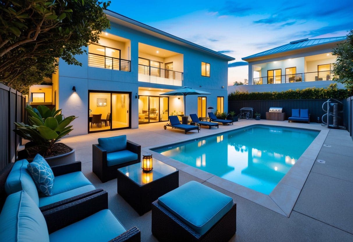 A cozy rental property with modern amenities like a pool, gym, and outdoor seating area. Brightly lit and inviting atmosphere