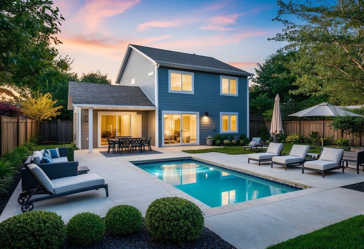 A cozy rental property with modern amenities like a swimming pool, gym, and outdoor seating area, surrounded by lush landscaping and a peaceful atmosphere