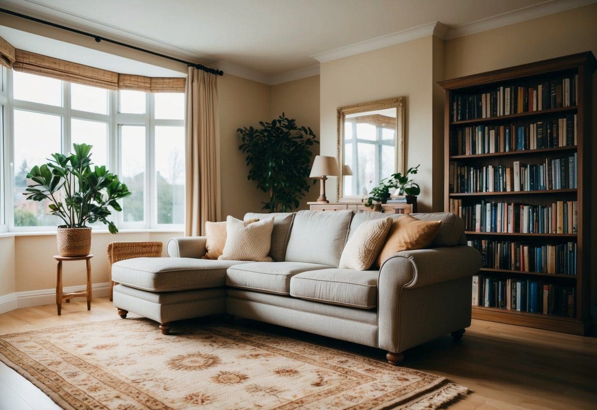 A cozy living room with a well-maintained sofa, a warm rug, and a bookshelf filled with books. A large window lets in natural light, and a potted plant adds a touch of greenery