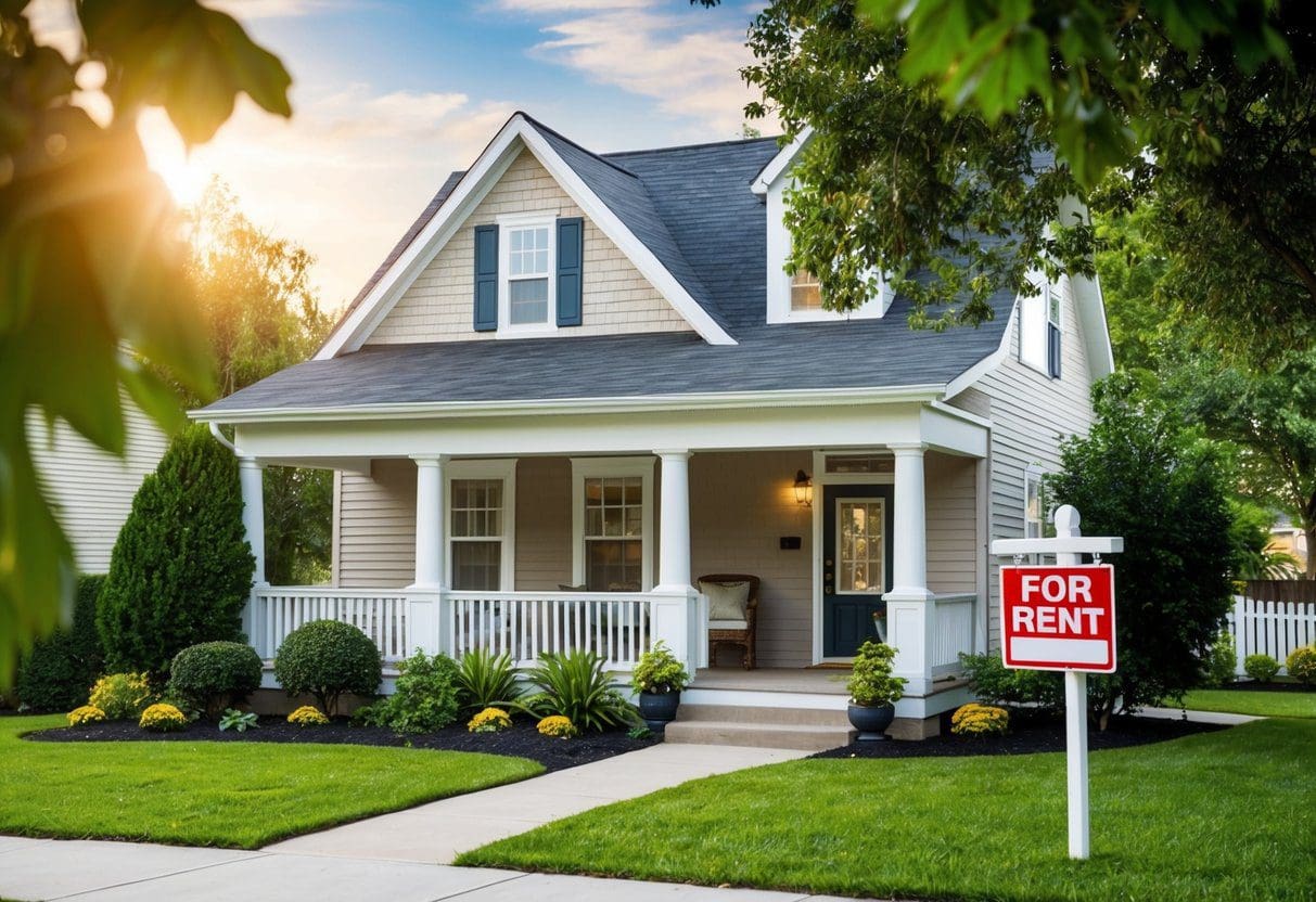 A cozy, well-maintained rental property with a welcoming front porch and a lush, landscaped yard. A "For Rent" sign is displayed prominently