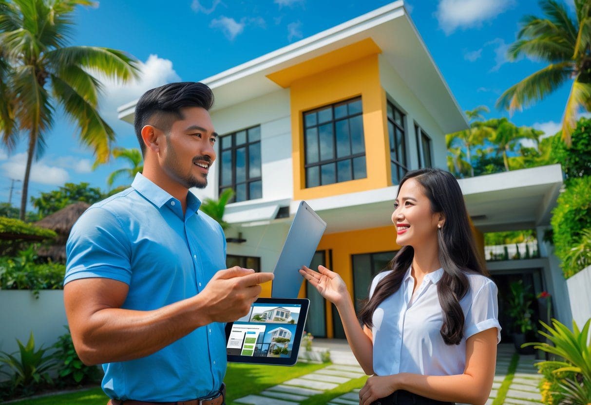 A real estate agent showing a renovated house to a couple outdoors with tropical trees in the background.