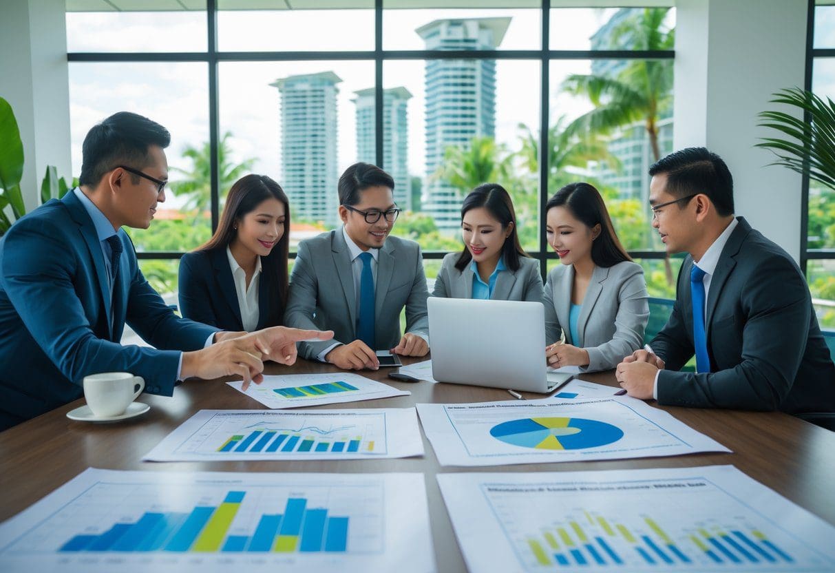 Business professionals in a modern office reviewing property documents and financial charts with a city view in the background.