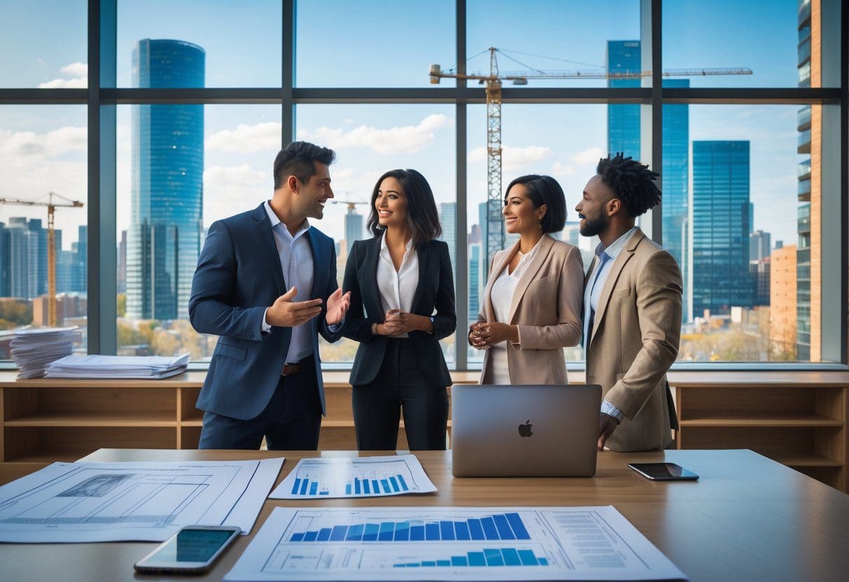 A real estate agent talks with a couple in an office overlooking a city skyline with high-rise buildings and construction cranes.