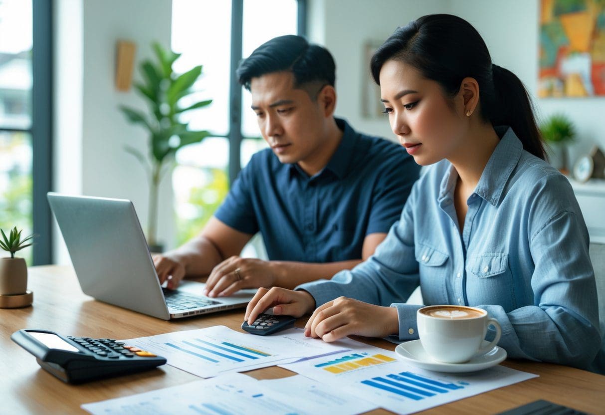 A young Filipino couple reviewing financial documents and mortgage options together at a desk in a bright home office.