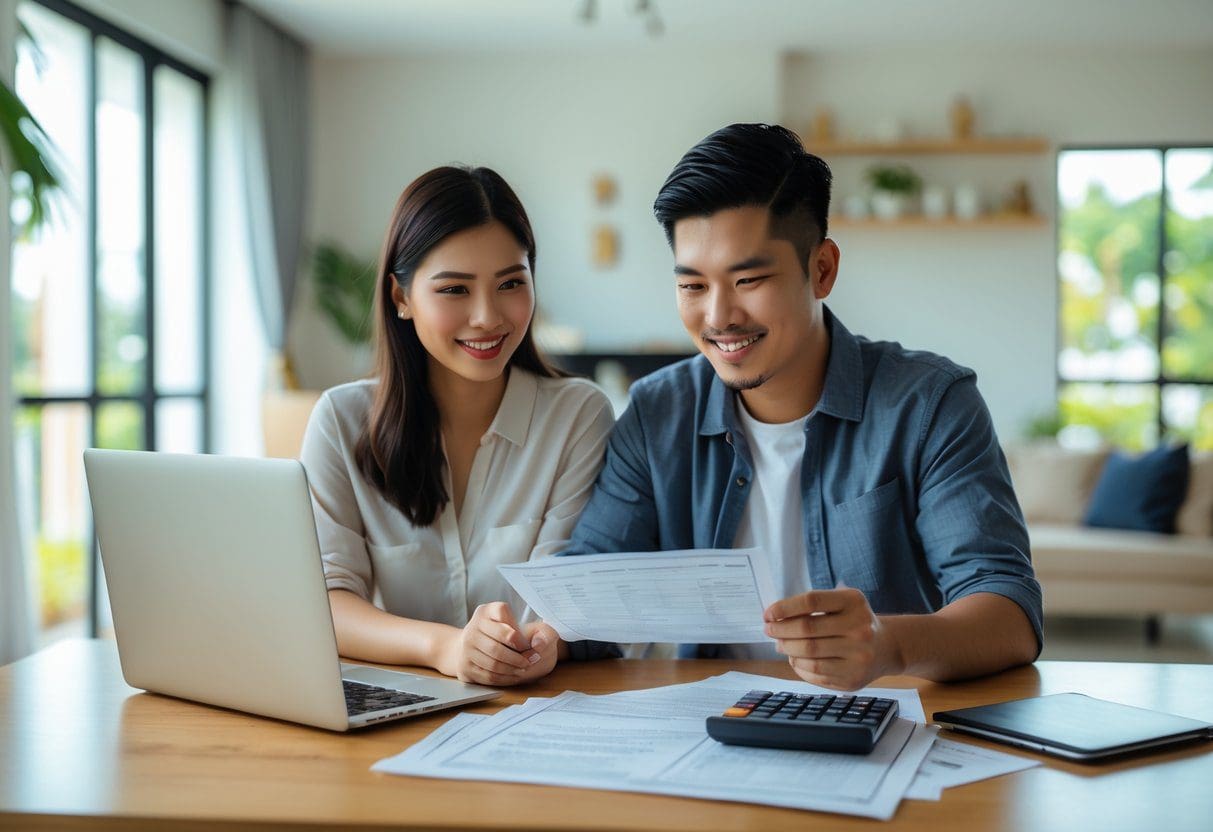 A young Filipino couple sitting at a kitchen table reviewing mortgage documents in their new home.