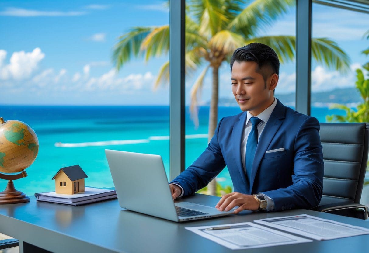 A lawyer reviewing property documents at a desk with a coastal view of Cebu's beaches visible through a large window.