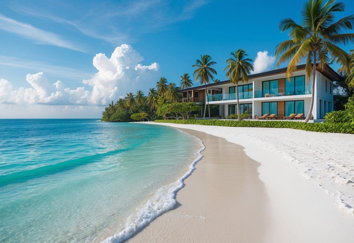 A white sandy beach with clear blue water, tropical palm trees, and a modern villa overlooking the ocean in Cebu.