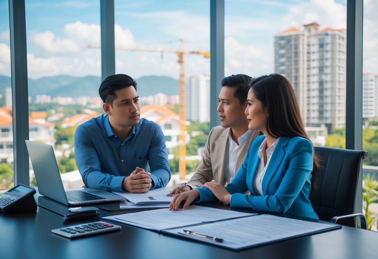 A Filipino couple talking with a real estate agent in an office with city buildings visible through the window.