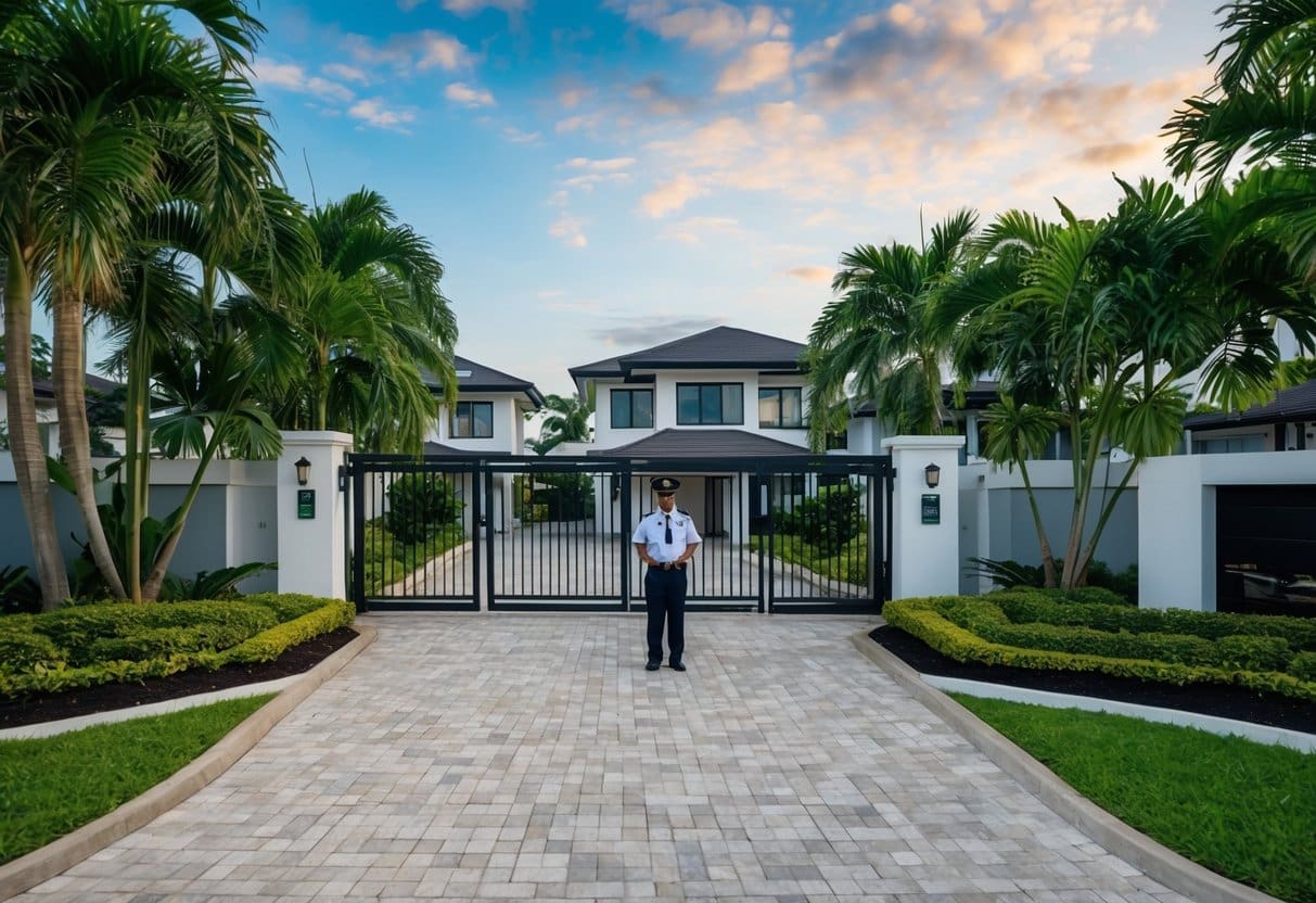 A gated community in Cebu, with lush greenery, modern homes, and a security guard at the entrance
