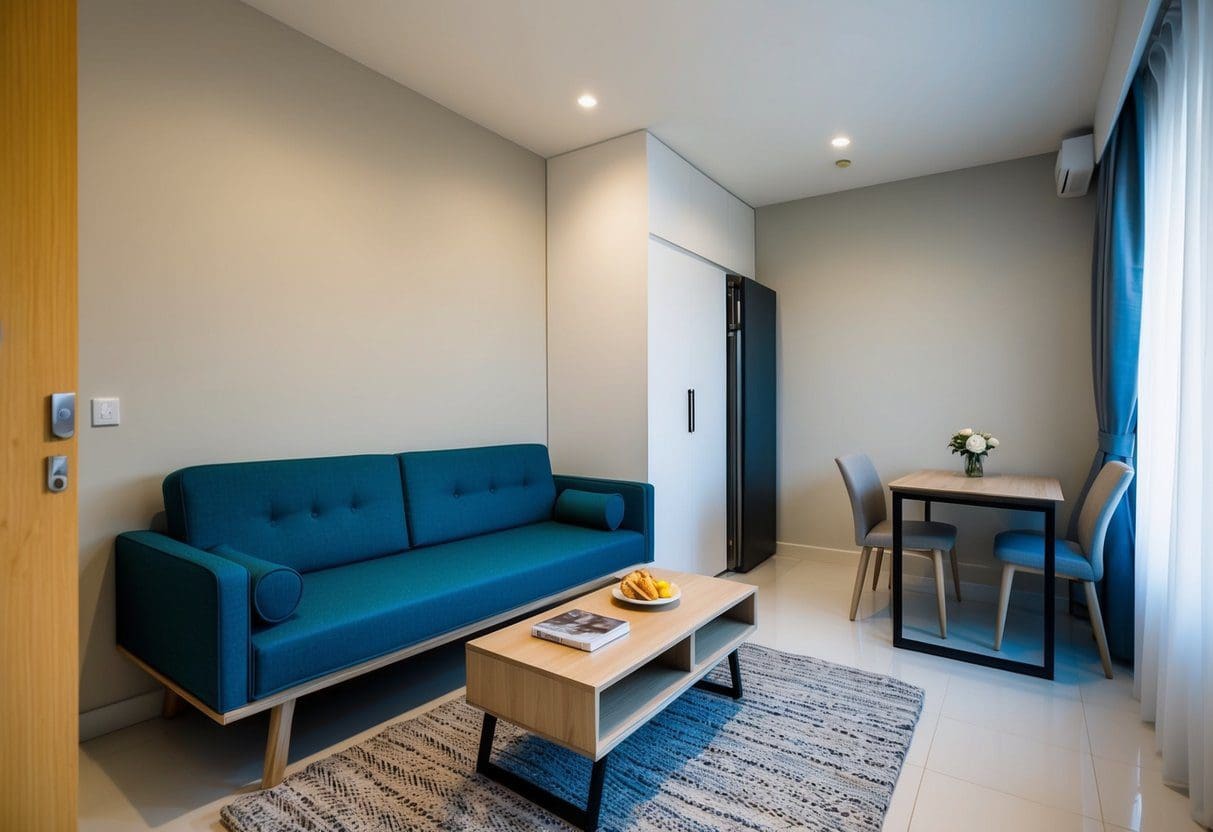 A small Cebu apartment with multi-functional furniture, such as a sofa that transforms into a bed, a coffee table with built-in storage, and a dining table that folds down from the wall