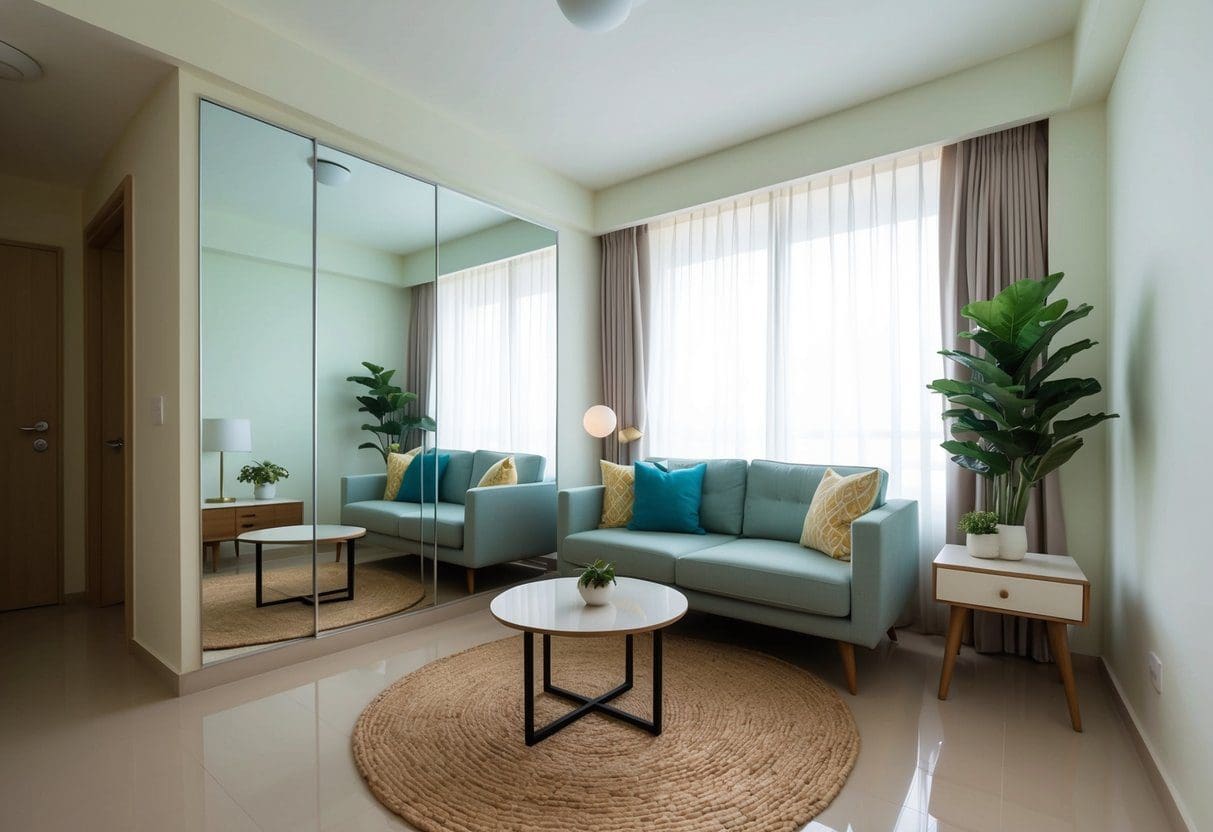 A small Cebu apartment with light colors, large mirrors, and clever space-saving furniture arrangement