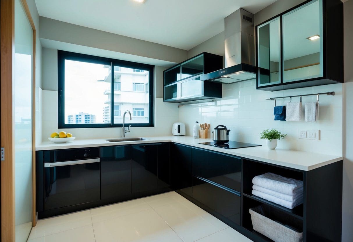 A compact kitchen and bathroom layout in a small Cebu apartment, with clever storage solutions and multifunctional furniture to maximize space efficiency