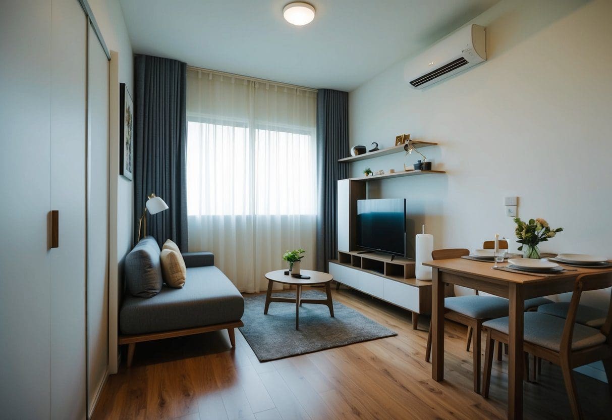 A small Cebu apartment with dividers creating distinct zones for living, dining, and sleeping. Efficient use of space with minimal clutter