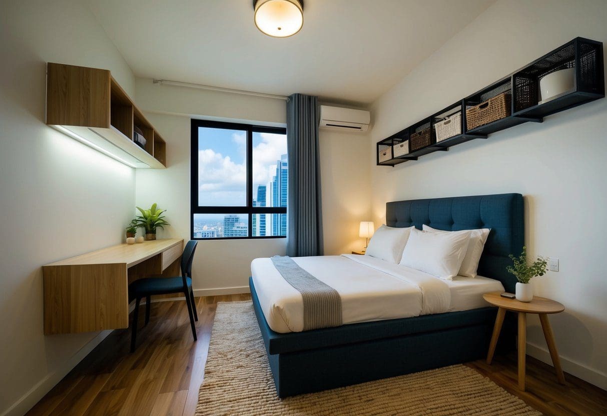 A cozy Cebu apartment with clever space-saving solutions like a fold-out bed, multi-functional furniture, and wall-mounted storage