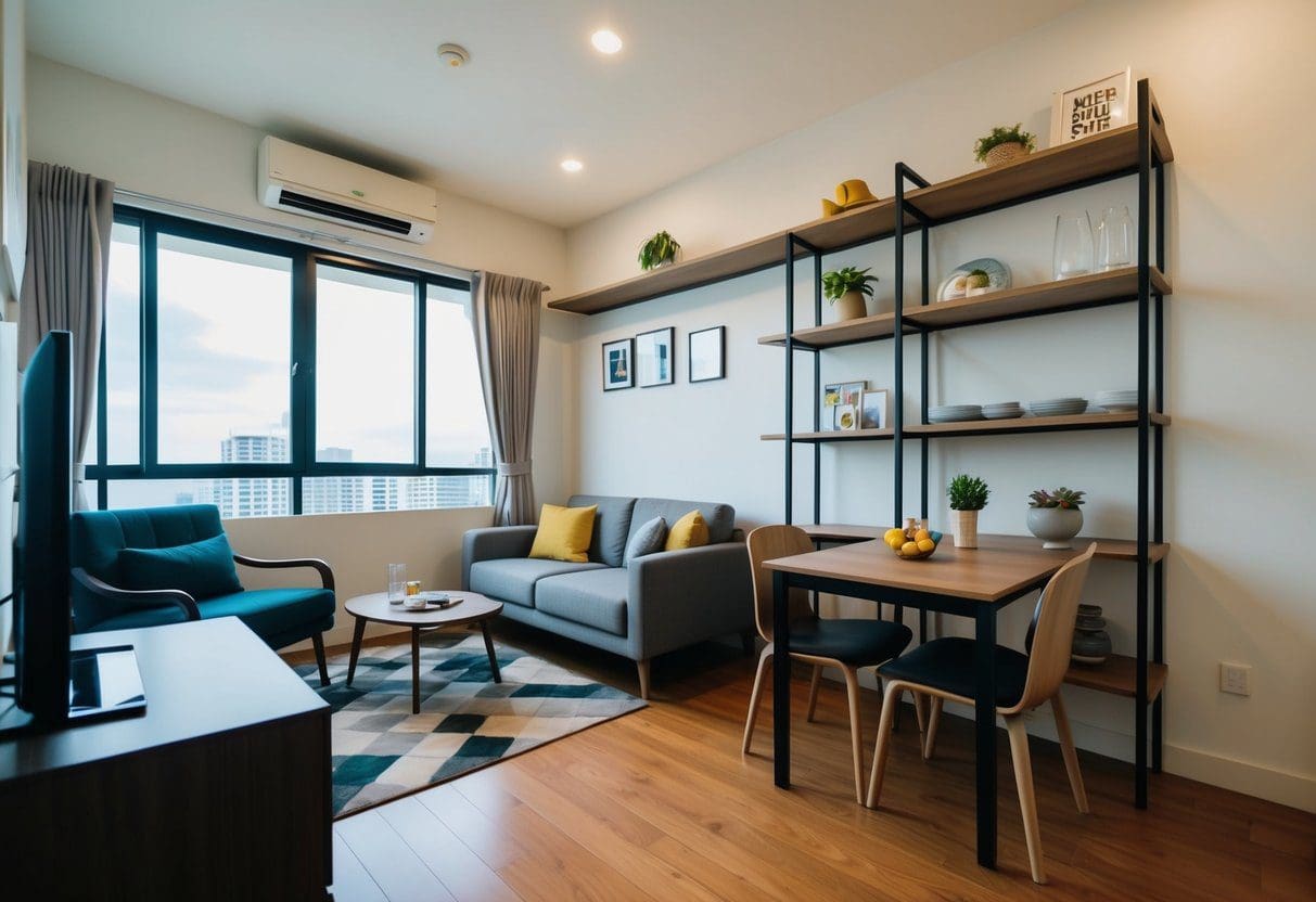 A small Cebu apartment with cleverly organized shelves, dual-purpose furniture, and a compact dining area, maximizing space and minimizing clutter