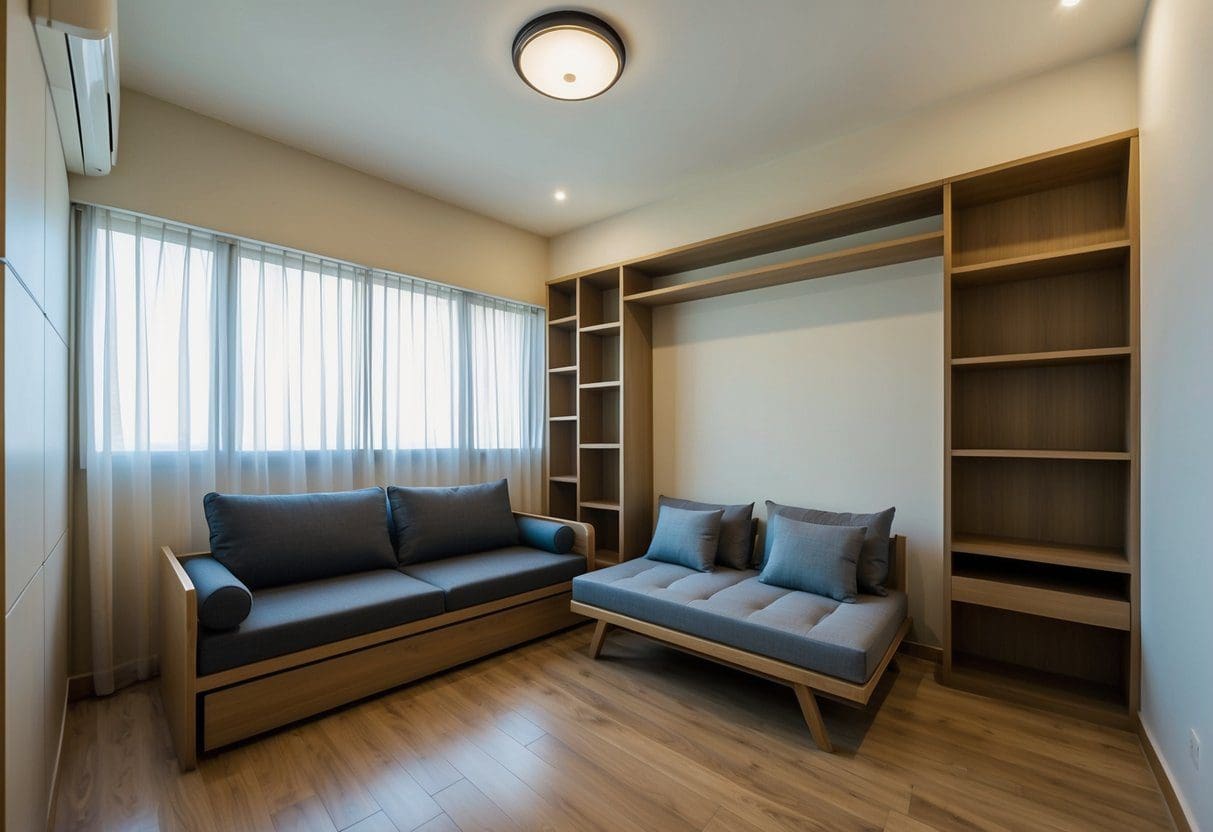 A cozy Cebu apartment with cleverly designed space-saving furniture, like a multi-functional sofa bed and wall-mounted shelves, maximizing every inch of space
