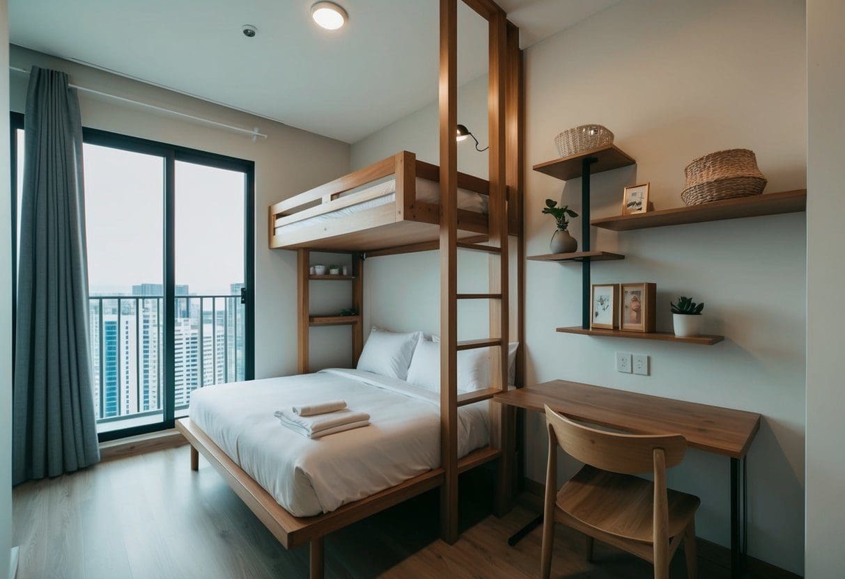 A small Cebu apartment with cleverly utilized vertical space: lofted bed, wall-mounted shelves, and hanging storage solutions