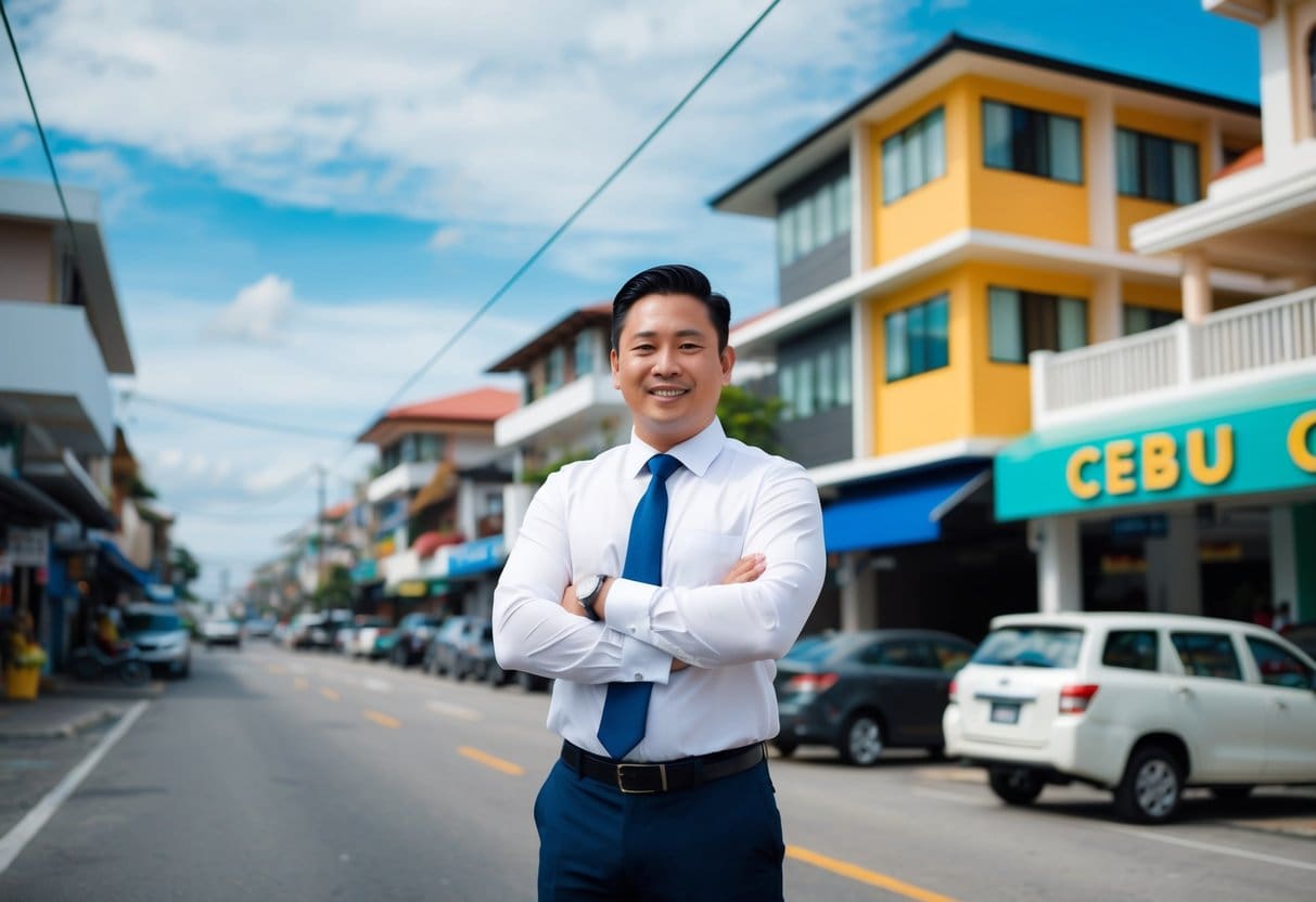 A bustling Cebu street with modern and traditional buildings, showcasing the diverse real estate market. A real estate agent stands in front of a vibrant property market