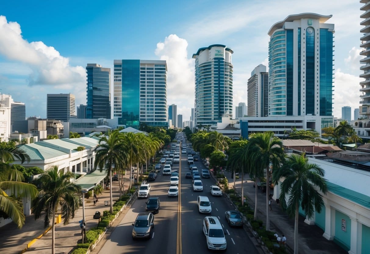 A bustling Cebu cityscape with high-rise buildings, palm trees, and a mix of modern and traditional architecture. Busy streets with cars and pedestrians