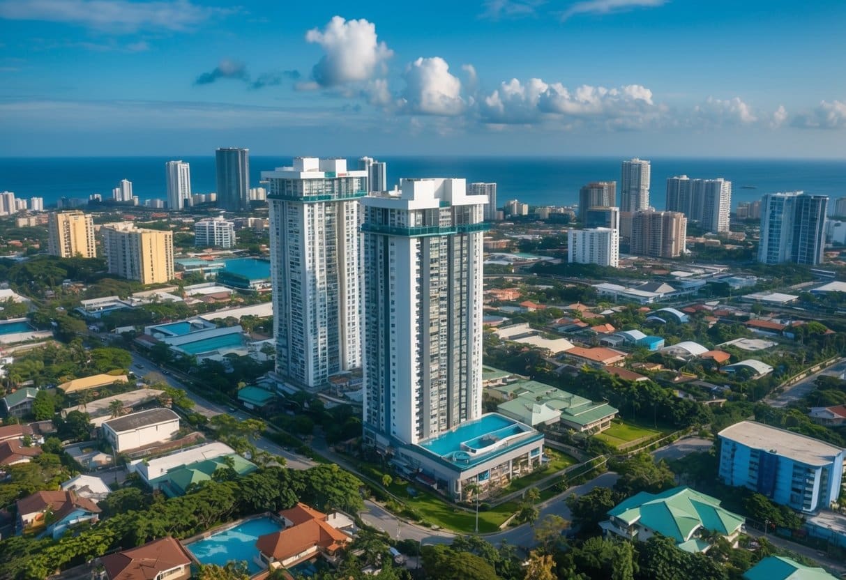 A bustling Cebu cityscape with high-rise buildings and residential neighborhoods, showcasing the diverse real estate market