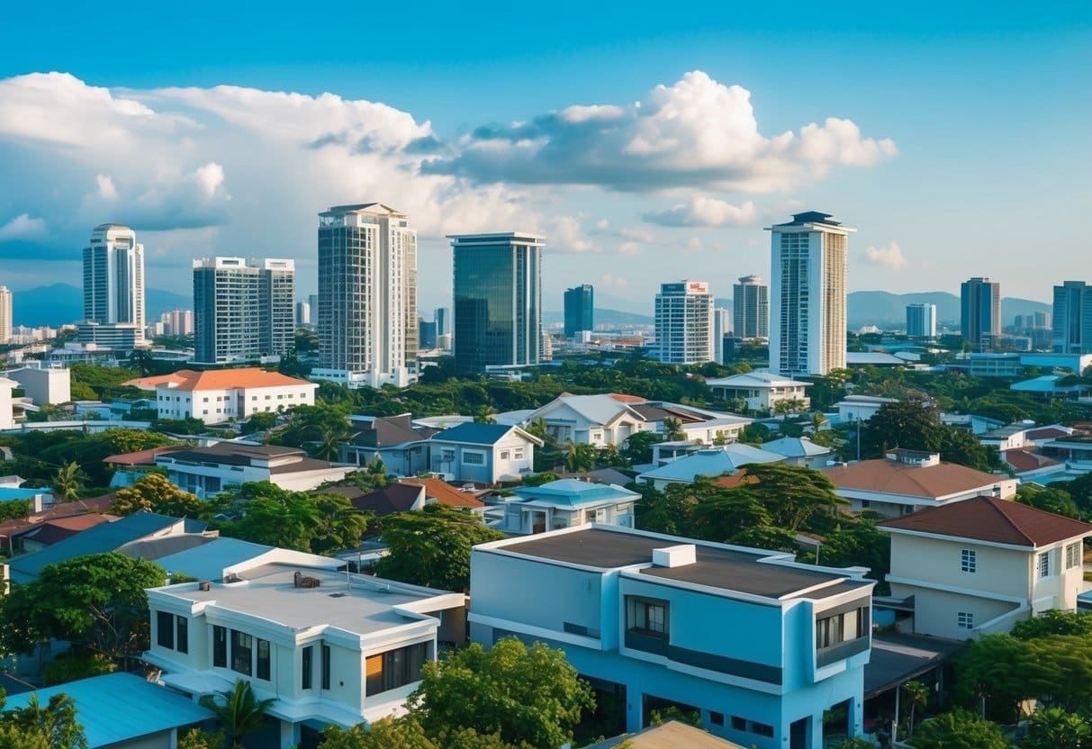 A bustling Cebu cityscape with modern buildings and traditional homes, showcasing the diverse real estate market