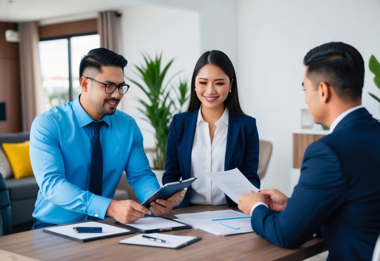 A real estate agent in Cebu showing a client various property options, discussing details, and signing paperwork