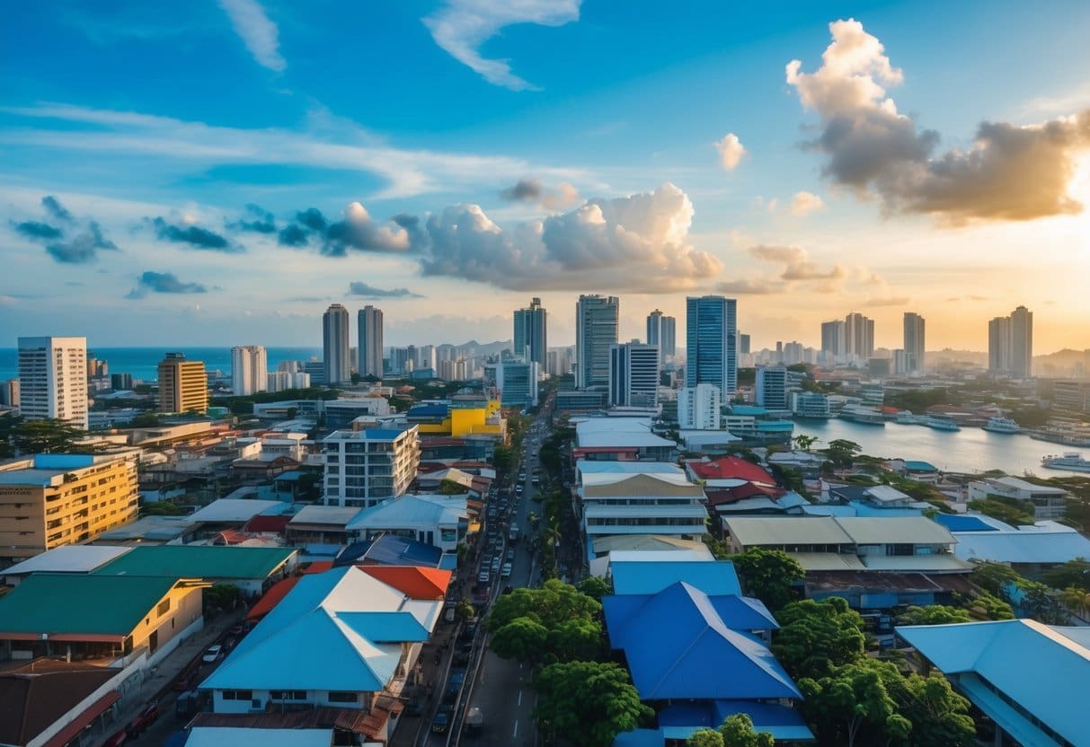 A bustling Cebu cityscape with real estate agents assisting buyers and sellers in a vibrant market setting