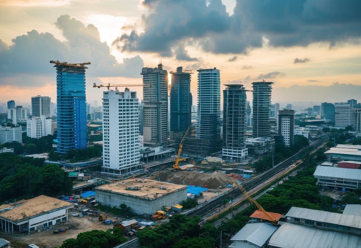 A bustling cityscape in the Philippines with high-rise buildings and construction sites, showcasing the urban development and potential for investment property