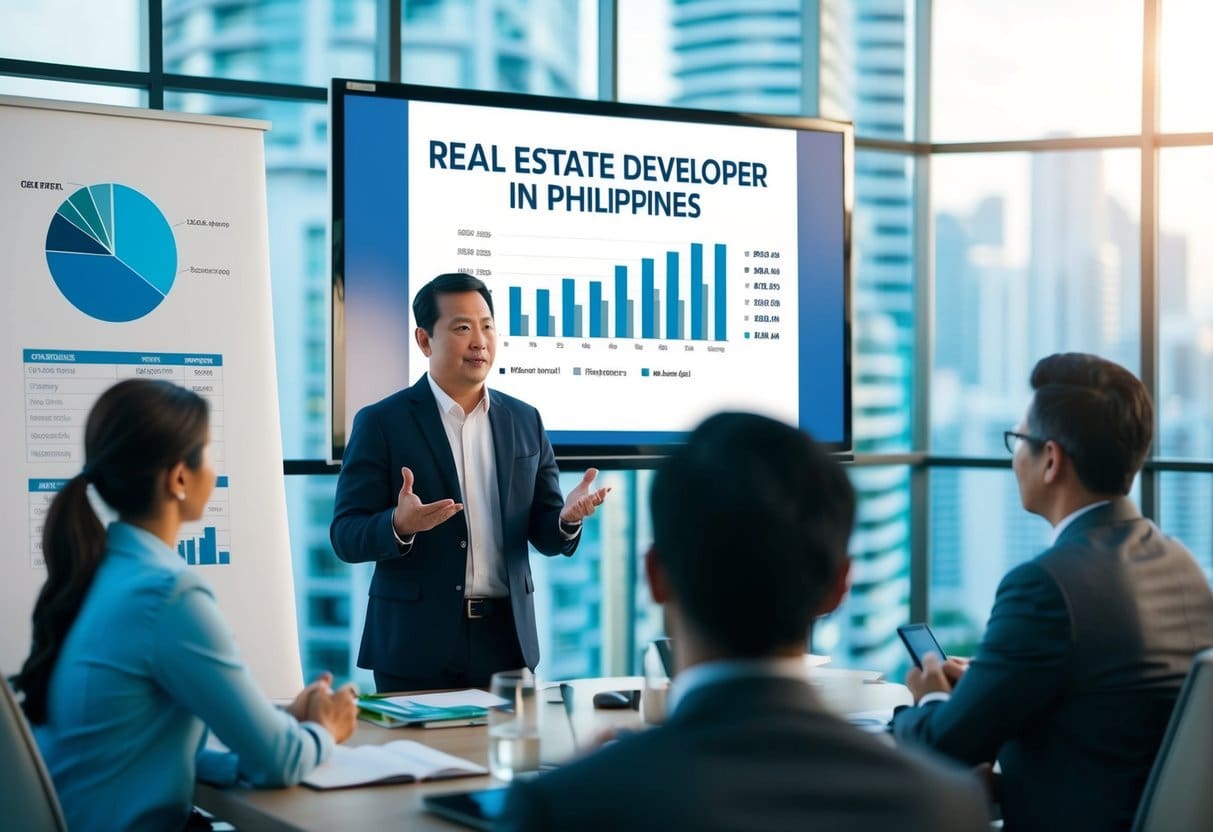 A real estate developer presenting financing options for investment properties in the Philippines, with charts and graphs displayed on a screen