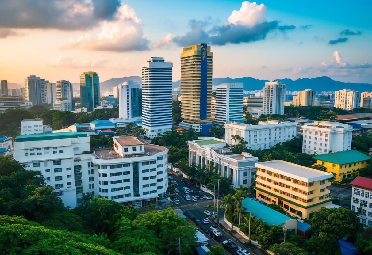 A bustling cityscape in the Philippines with high-rise buildings and a mix of modern and traditional architecture, surrounded by lush greenery and a vibrant atmosphere