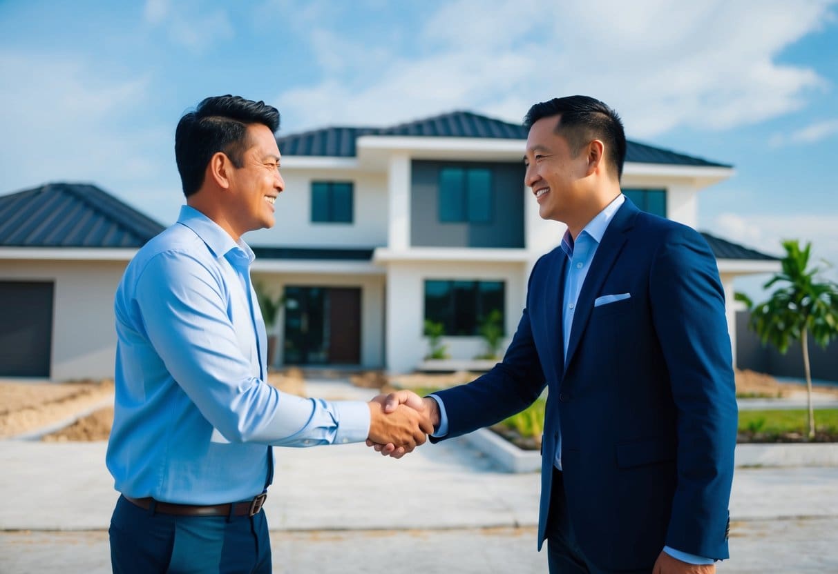 A real estate developer shaking hands with a smiling investor in front of a newly constructed property in the Philippines