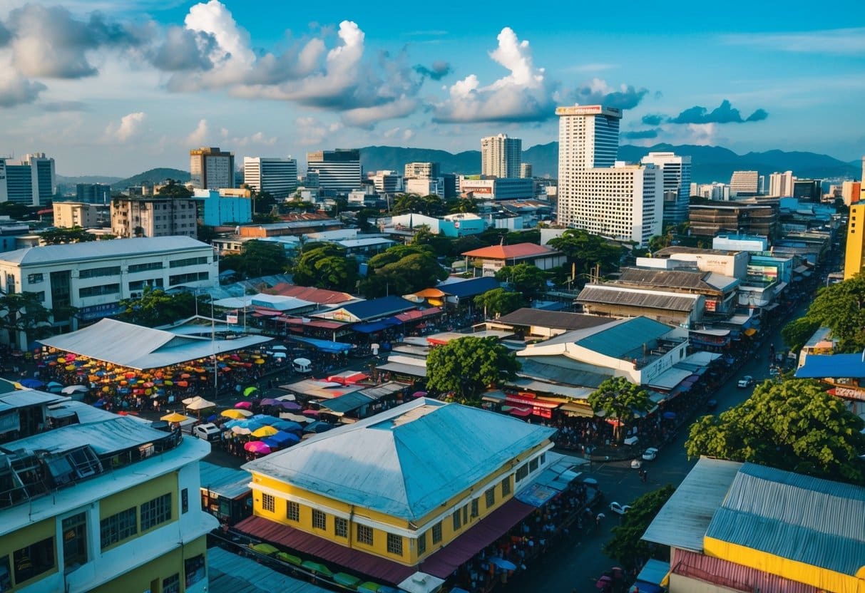 A bustling cityscape in the Philippines with a mix of traditional and modern buildings, alongside vibrant street markets and bustling business districts