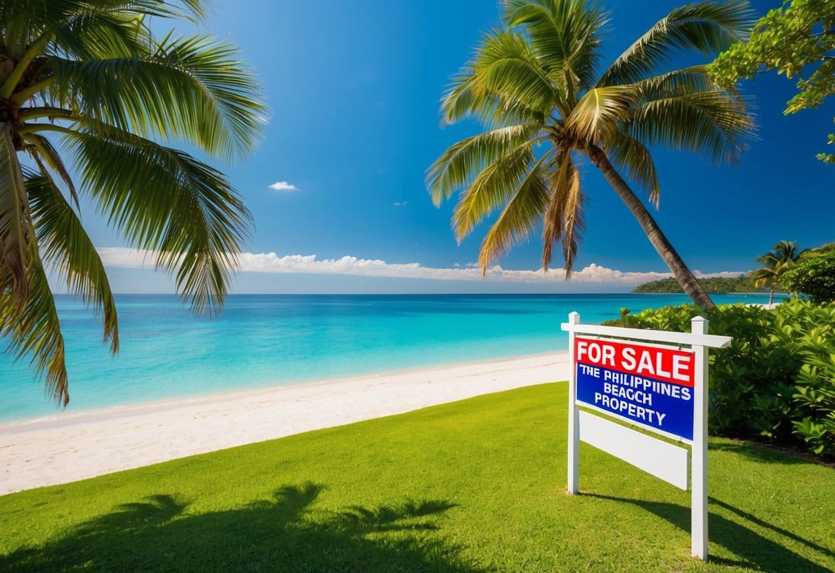 A serene beachfront property in the Philippines with a "For Sale" sign, surrounded by lush palm trees and clear blue waters, under a bright sunny sky