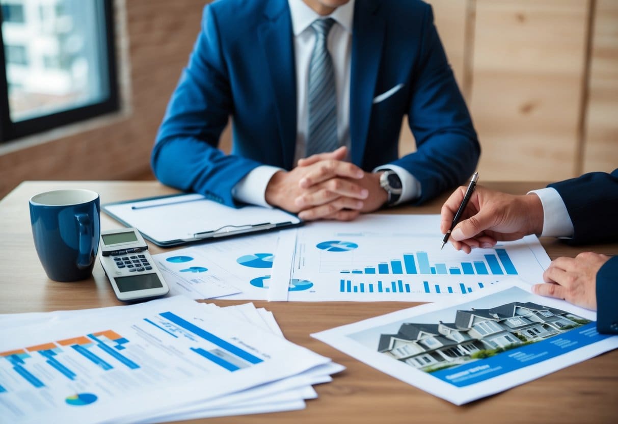 A real estate developer sits at a desk, discussing financing options with a potential investor. Blueprints and property brochures are spread out on the table