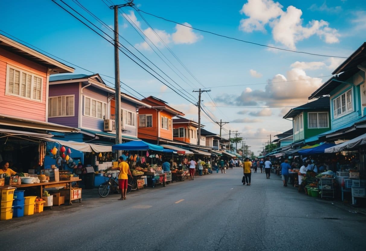 A bustling market street in an underrated Cebu neighborhood, with colorful houses, local vendors, and a mix of traditional and modern architecture