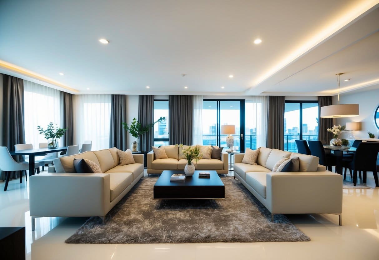 A well-lit living room with modern furniture arranged in an inviting and open layout. The space is clean, clutter-free, and accessorized with tasteful decor
