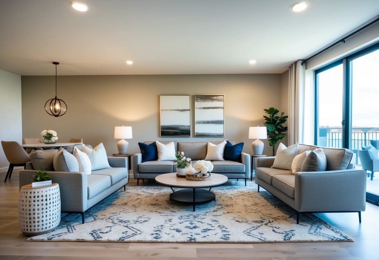 A well-lit living room with modern furniture, neutral colors, and strategically placed decor to create a welcoming and spacious atmosphere