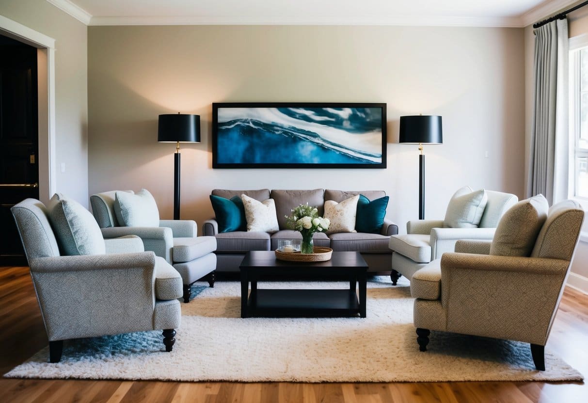 A living room with a cozy sofa and armchairs arranged around a coffee table. A soft rug anchors the seating area, while a large piece of artwork adds visual interest to the wall