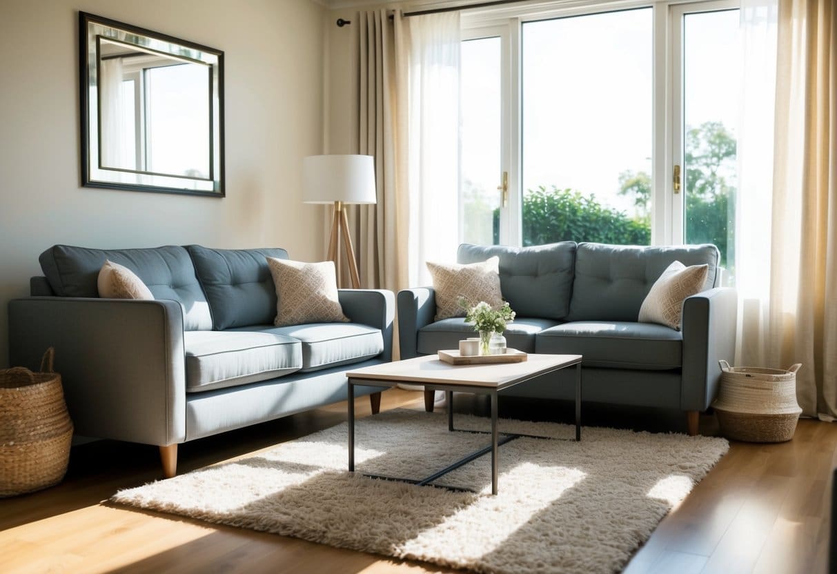 A living room with a cozy sofa, coffee table, and soft rug. Sunlight streams in through the window, highlighting the tasteful decor and inviting ambiance