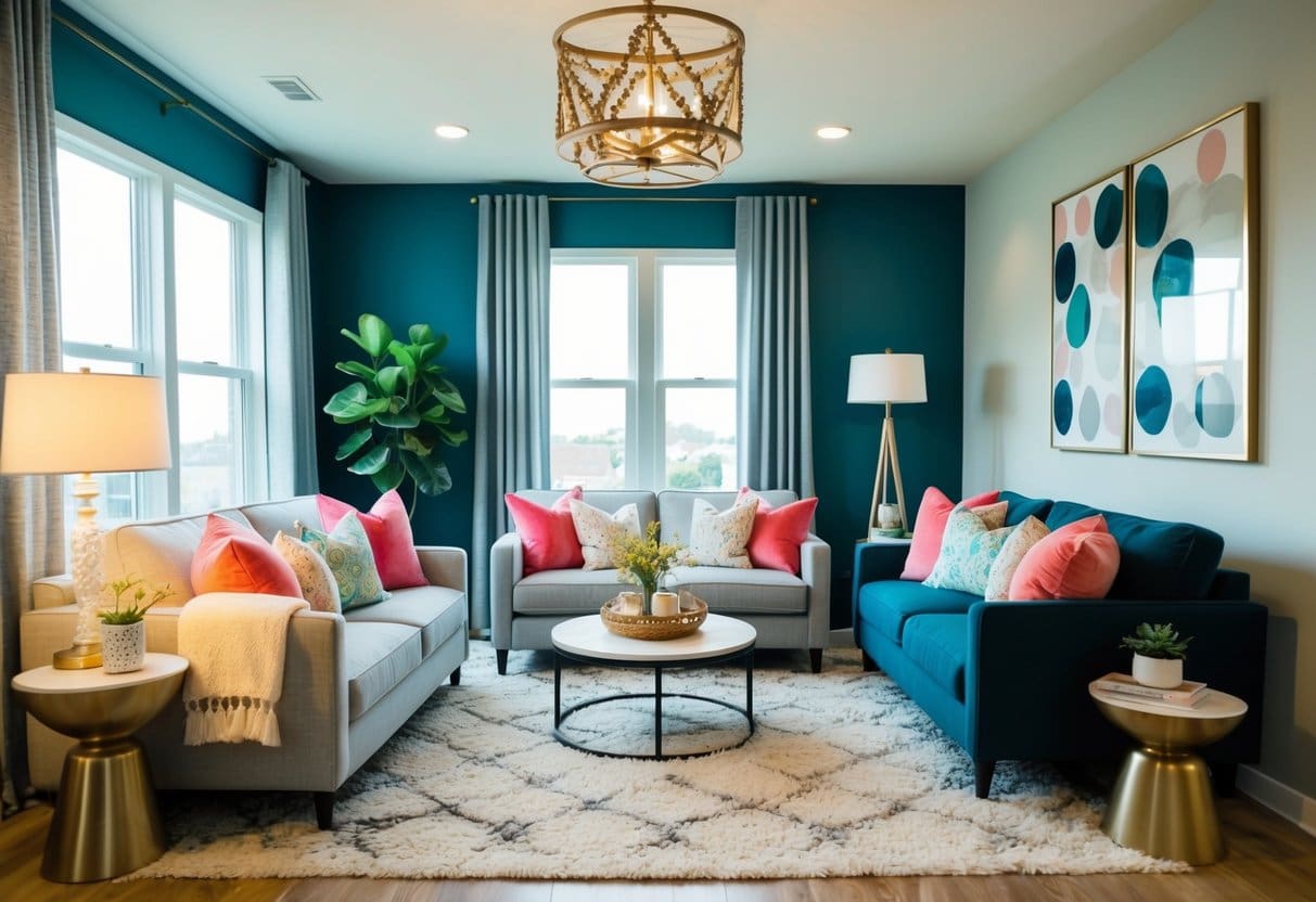 A well-lit, organized living room with cozy furniture, vibrant decor, and strategically placed accents to highlight the space's potential