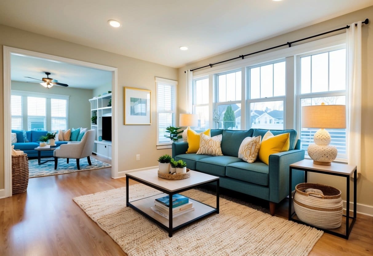 A cozy living room with bright, modern decor and strategically placed accent pieces to create an inviting atmosphere for potential buyers