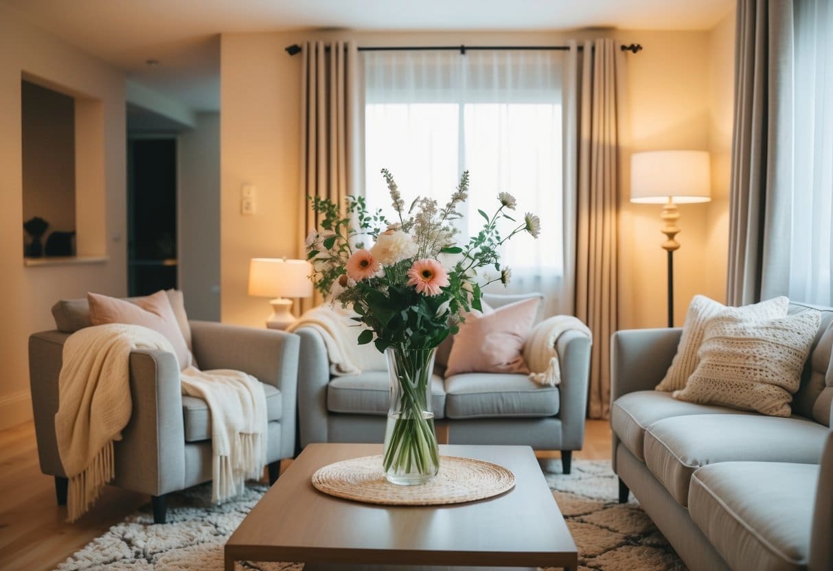 A well-lit living room with cozy furniture, soft throws, and warm lighting. A vase of fresh flowers sits on the coffee table, adding a touch of elegance to the space