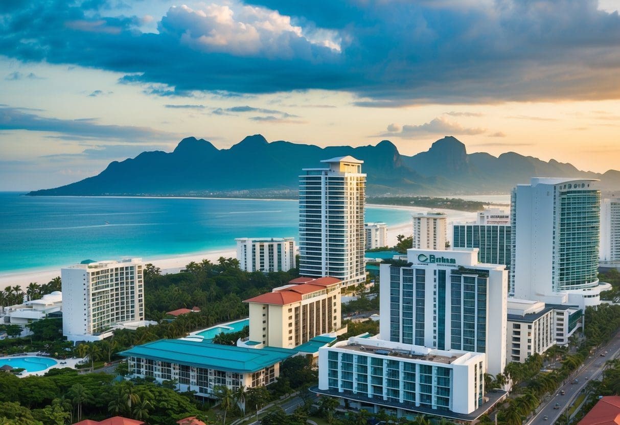 A bustling Cebu cityscape with modern hotels, beachfront resorts, and luxury condos rising against a backdrop of pristine beaches and lush green mountains