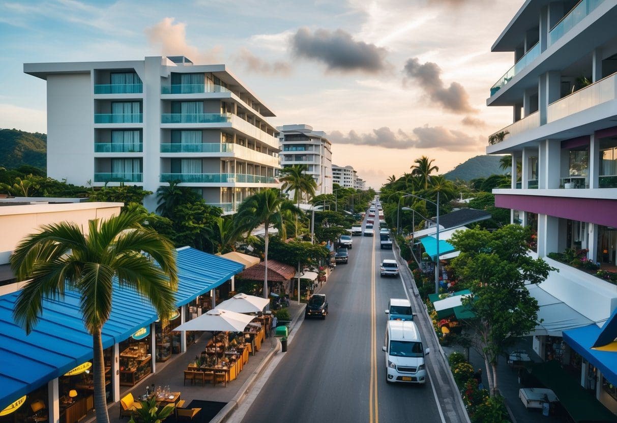 A bustling Cebu street lined with modern hotels, trendy cafes, and souvenir shops, surrounded by lush tropical landscapes and bustling tourism activities